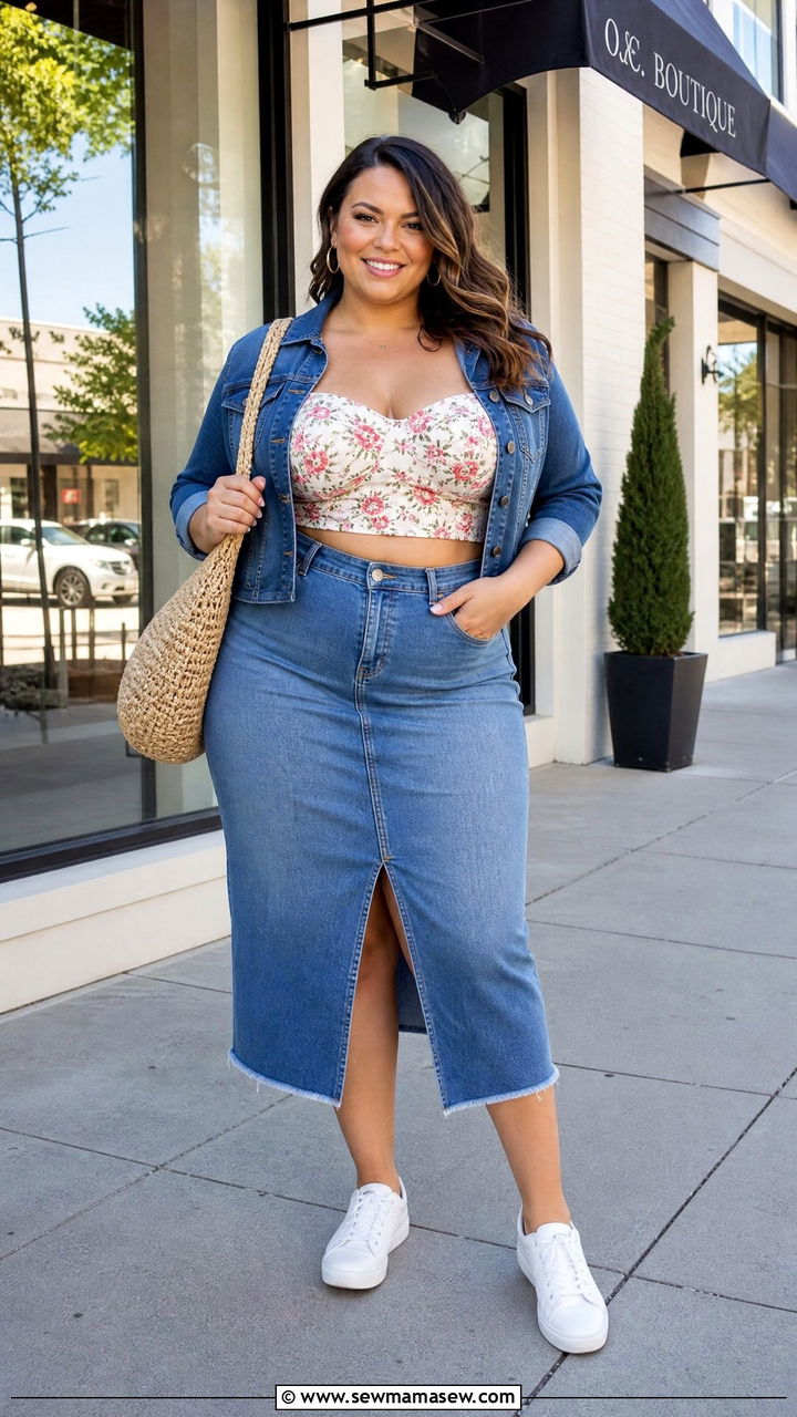 Plus Size Corset Crop Top With Denim Skirt - 20 plus size corset crop top outfit ideas