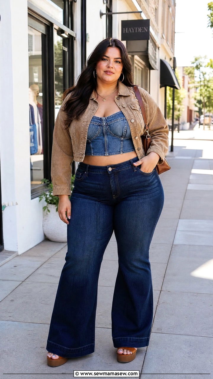 Plus Size Corset Crop Top With Flare Jeans - 20 plus size corset crop top outfit ideas
