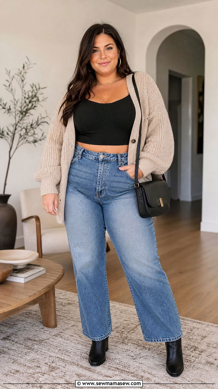 Plus Size Corset Crop Top With Oversized Cardigan - 20 plus size corset crop top outfit ideas