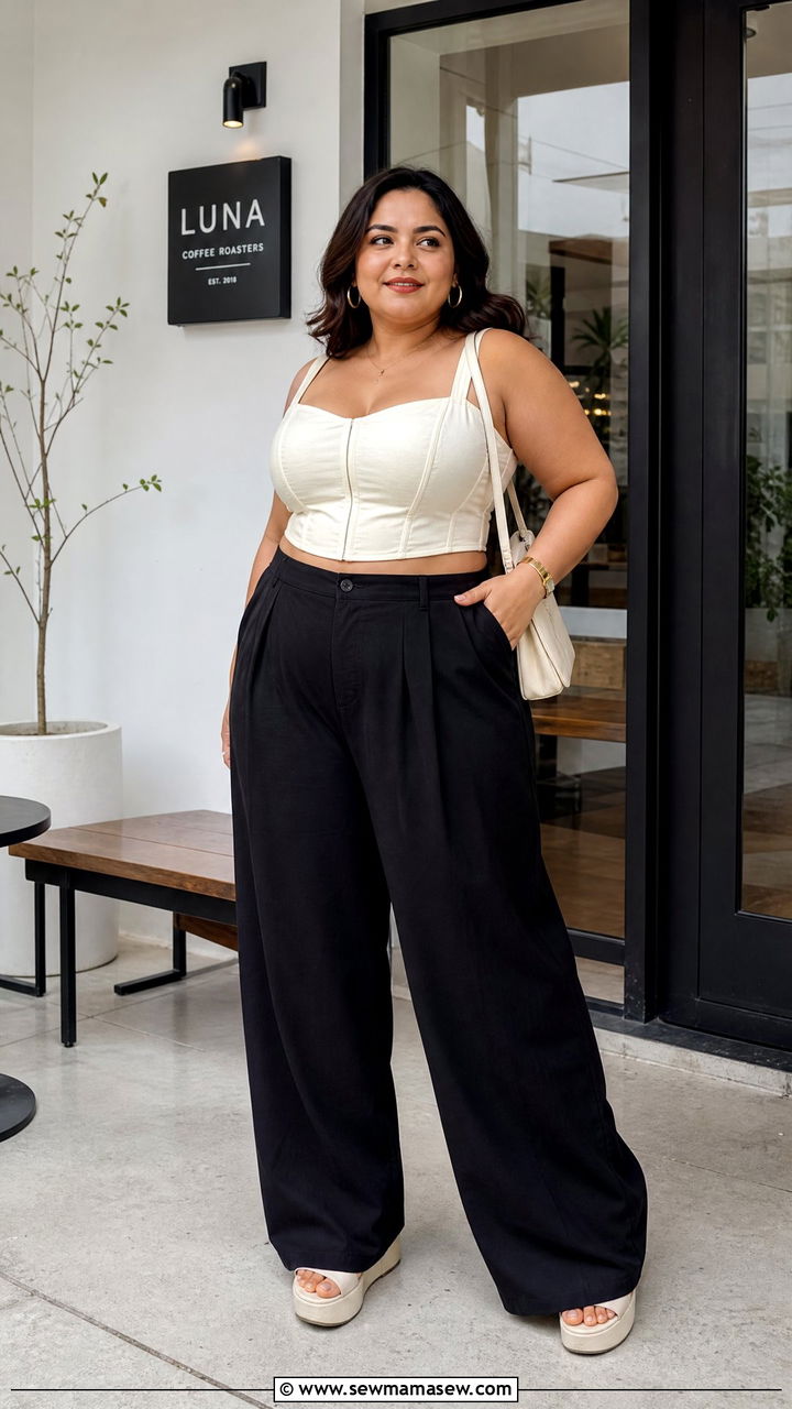 Plus Size Corset Crop Top With Palazzo Pants - 20 plus size corset crop top outfit ideas
