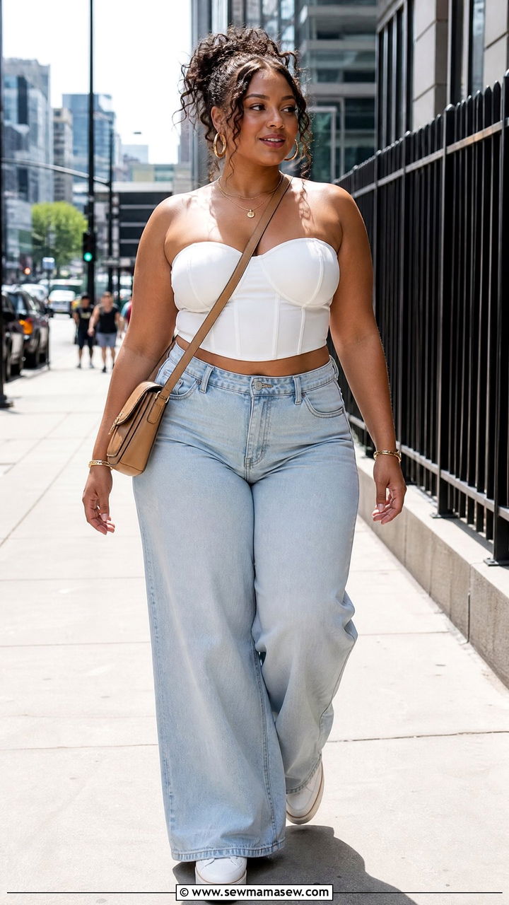 Plus Size Corset Crop Top With Wide Leg Jeans - 20 plus size corset crop top outfit ideas