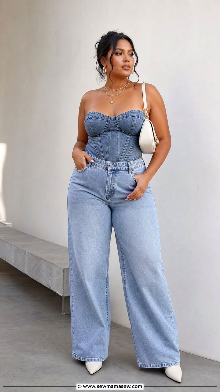 Plus Size Corset Top And Wide Leg Jeans Outfit - 20 plus size y2k top outfit ideas