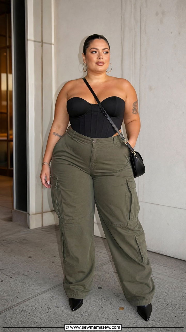 Plus Size Corset Top With Cargo Pants - 20 plus size corset top outfit ideas for night out