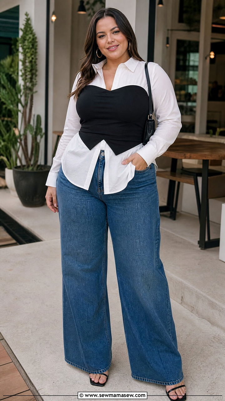 Plus Size Corset Top With Sheer Button Down And Jeans - 20 plus size corset top outfit ideas for night out