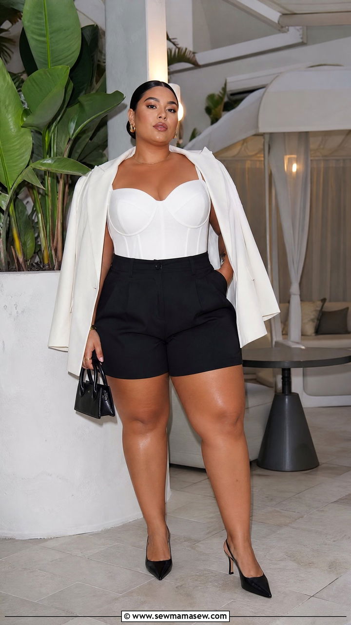 Plus Size Corset Top With Tailored Shorts - 20 plus size corset top outfit ideas for night out