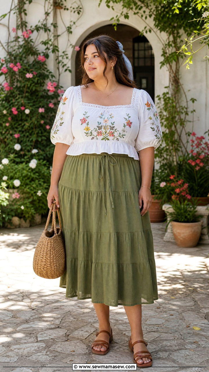 Plus Size Cottagecore Embroidered Top Outfit - 20 plus size cottagecore top outfit ideas
