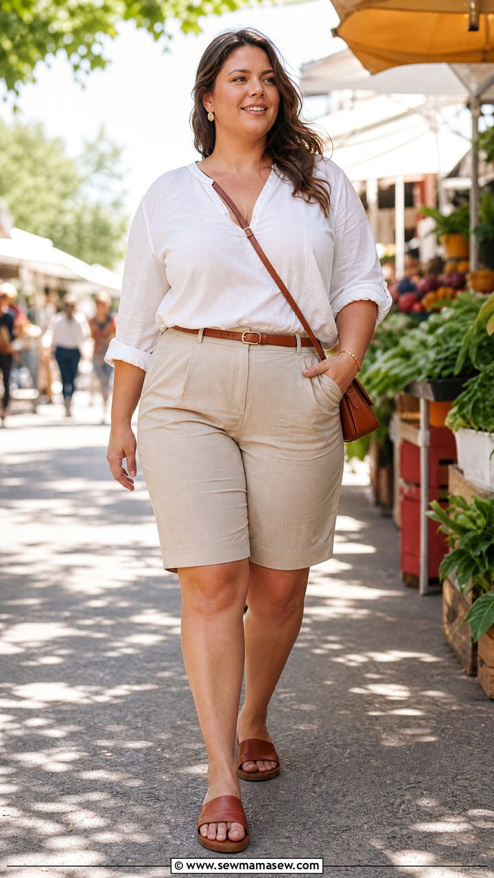 Plus Size Cotton Blouse With Bermuda Shorts Outfit - 20 plus size cute summer tops outfit ideas