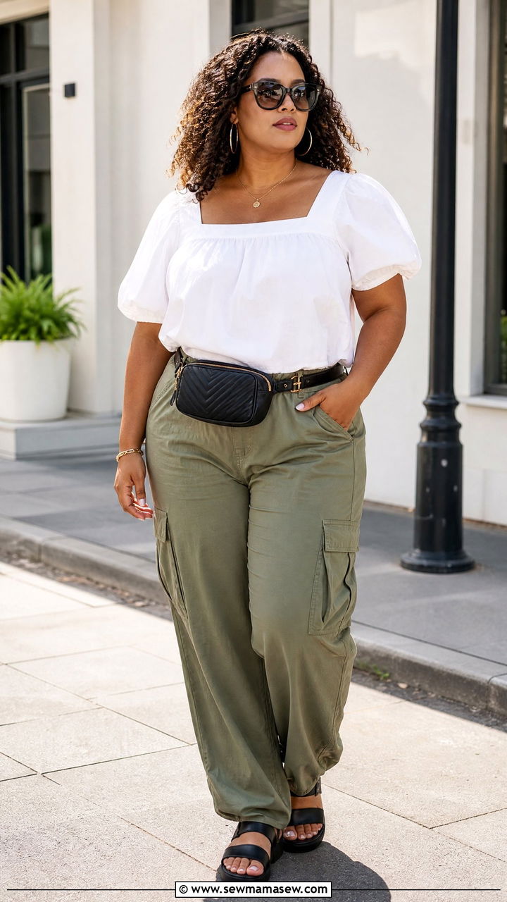 Plus Size Cotton Poplin Top With Cargo Pants - 20 plus size summer top outfit ideas