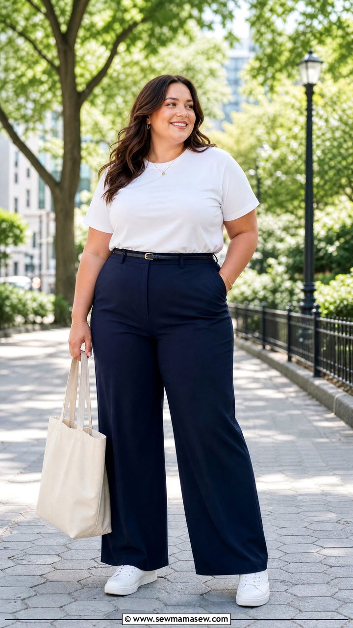 Plus Size Cotton Tee And Wide Leg Pants Outfit - 20 plus size minimalist top outfit ideas