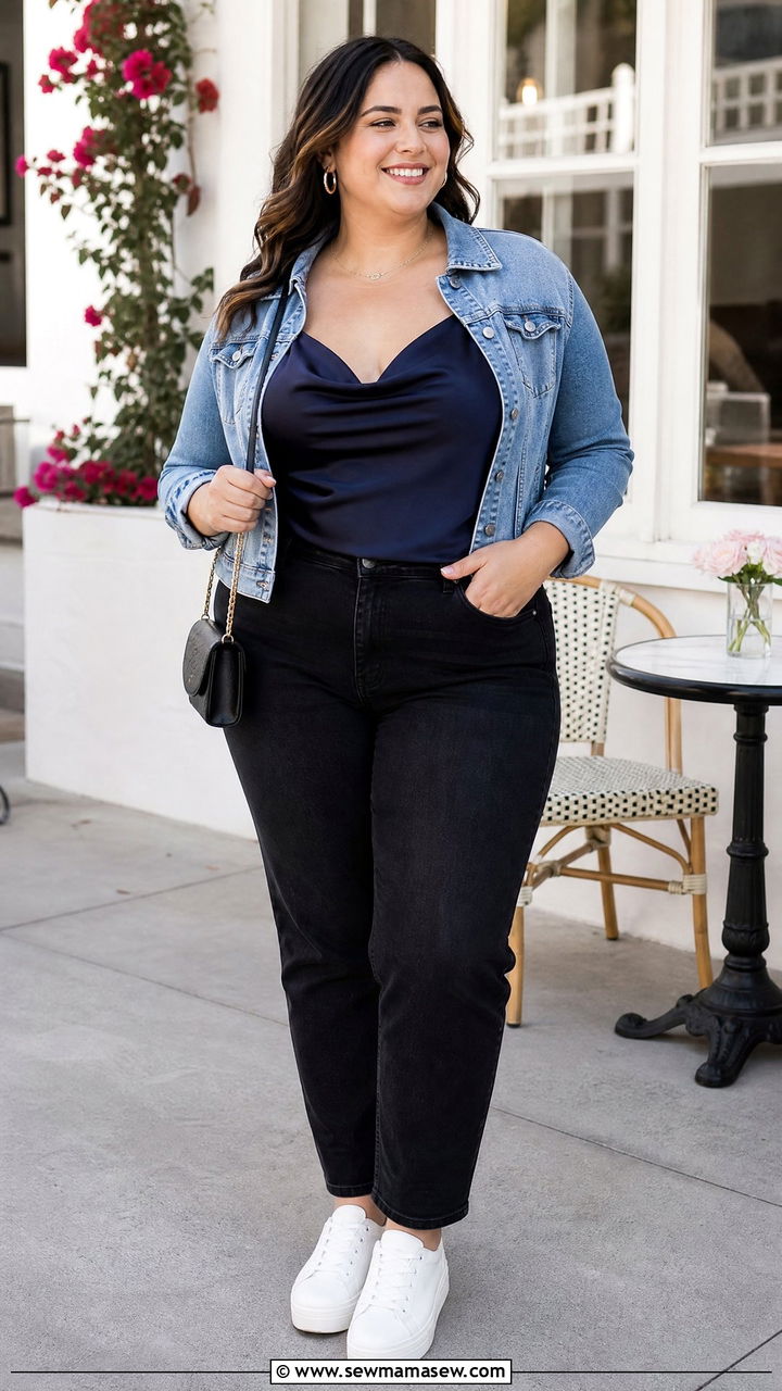 Plus Size Cowl Neck Cami Top With Denim Jacket - 20 plus size cowl neck cami top outfit ideas