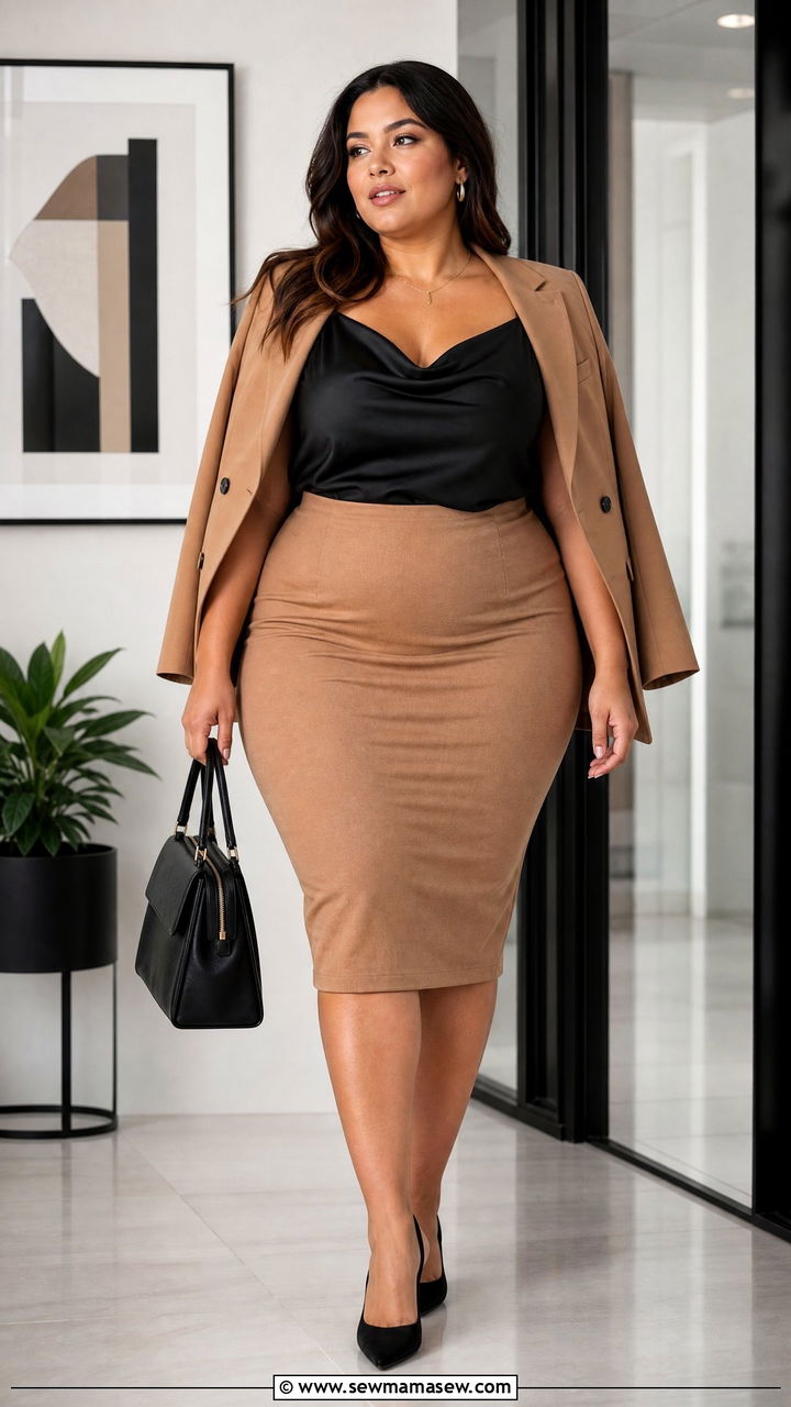 Plus Size Cowl Neck Cami Top With Pencil Skirt - 20 plus size cowl neck cami top outfit ideas