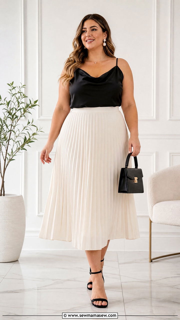Plus Size Cowl Neck Cami Top With Pleated Skirt - 20 plus size cowl neck cami top outfit ideas