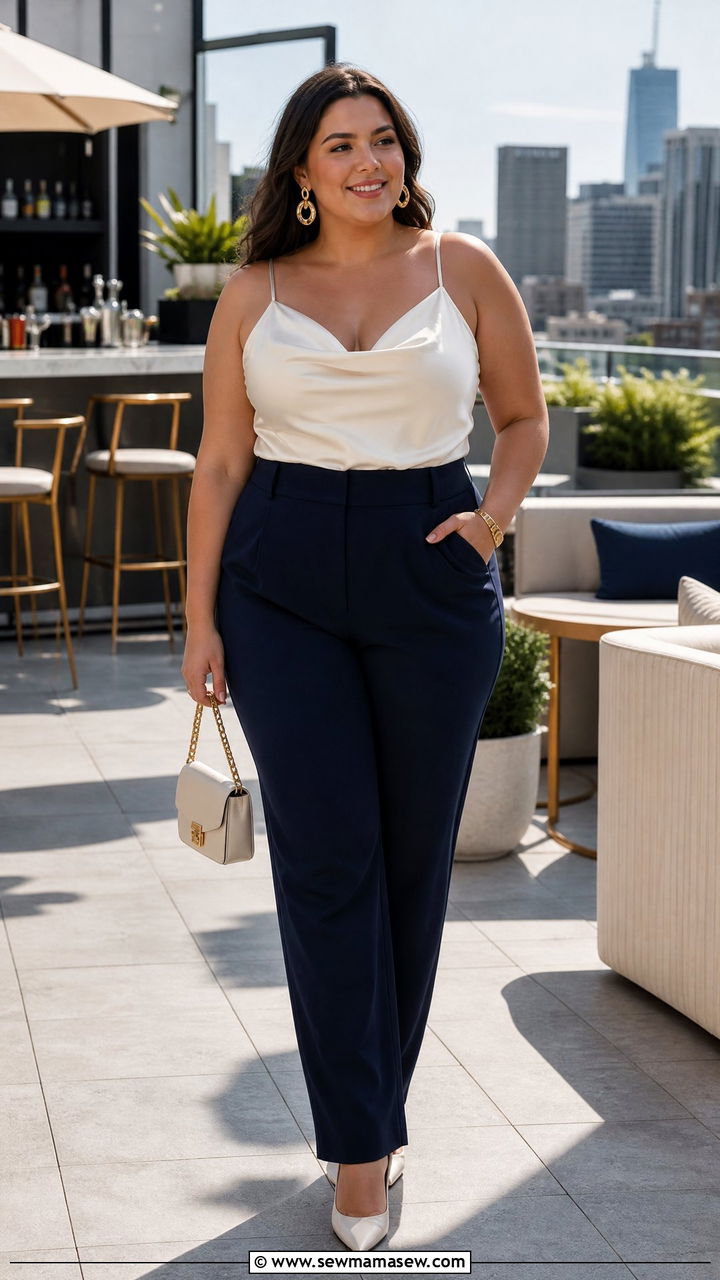 Plus Size Cowl Neck Cami Top With Tailored Trousers - 20 plus size going out cami top outfit ideas