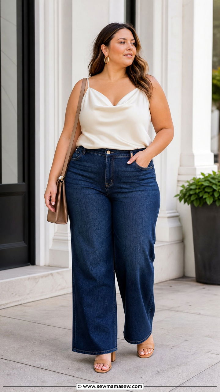 Plus Size Cowl Neck Cami Top With Wide Leg Jeans - 20 plus size cowl neck cami top outfit ideas