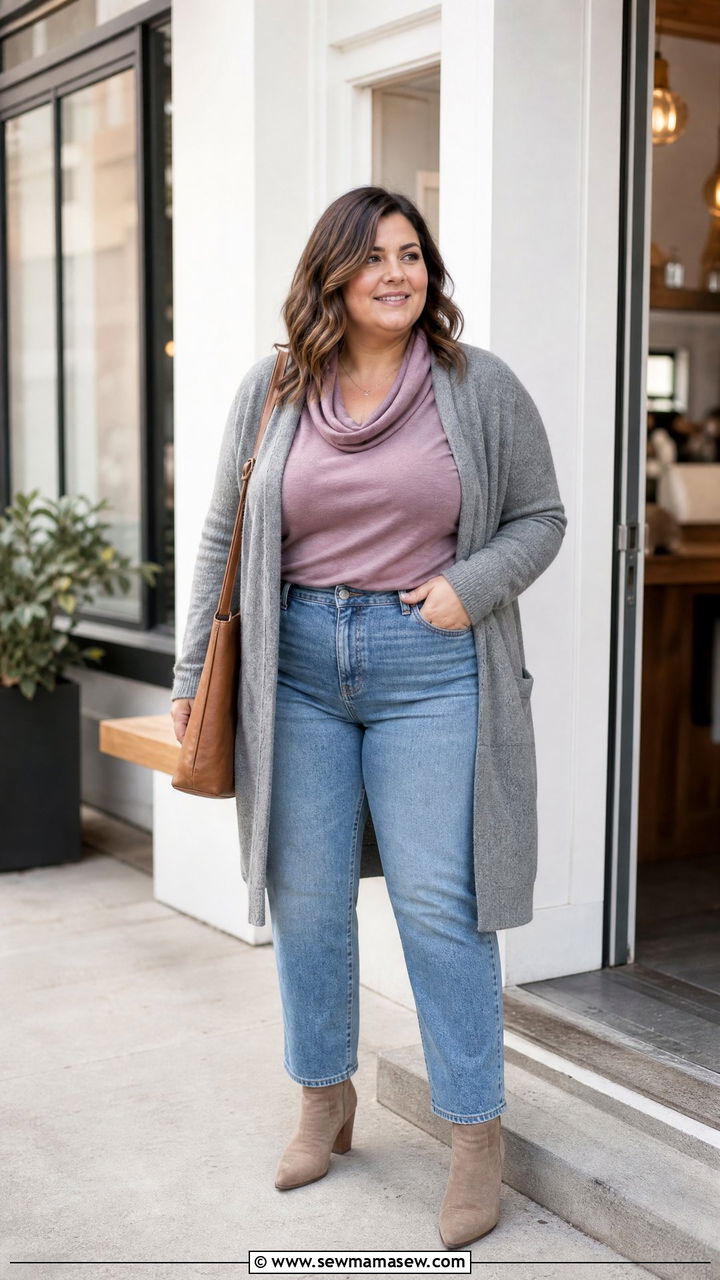 Plus Size Cowl Neck Top With Cardigan And Jeans - 20 plus size cowl neck top outfit ideas