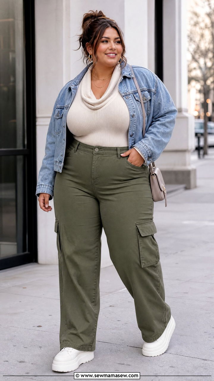 Plus Size Cowl Neck Top With Cargo Pants - 20 plus size cowl neck top outfit ideas
