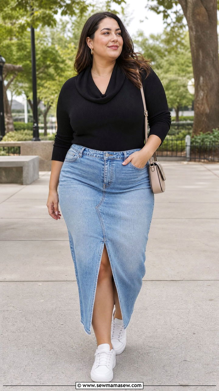 Plus Size Cowl Neck Top With Denim Skirt - 20 plus size cowl neck top outfit ideas