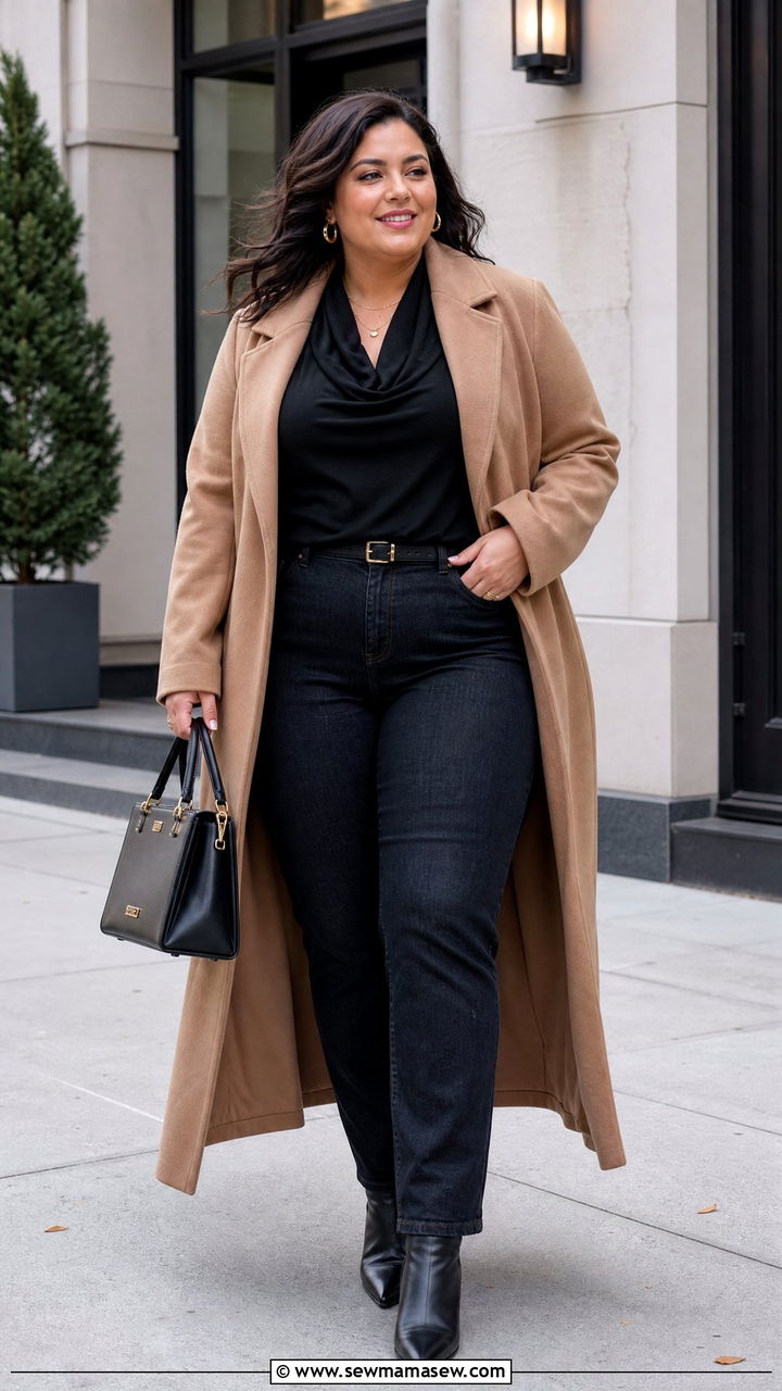 Plus Size Cowl Neck Top With Long Coat - 20 plus size cowl neck top outfit ideas