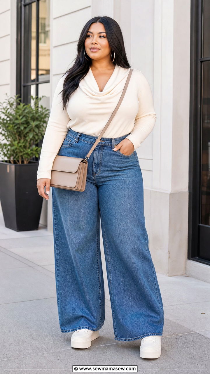 Plus Size Cowl Neck Top With Wide Leg Jeans - 20 plus size cowl neck top outfit ideas