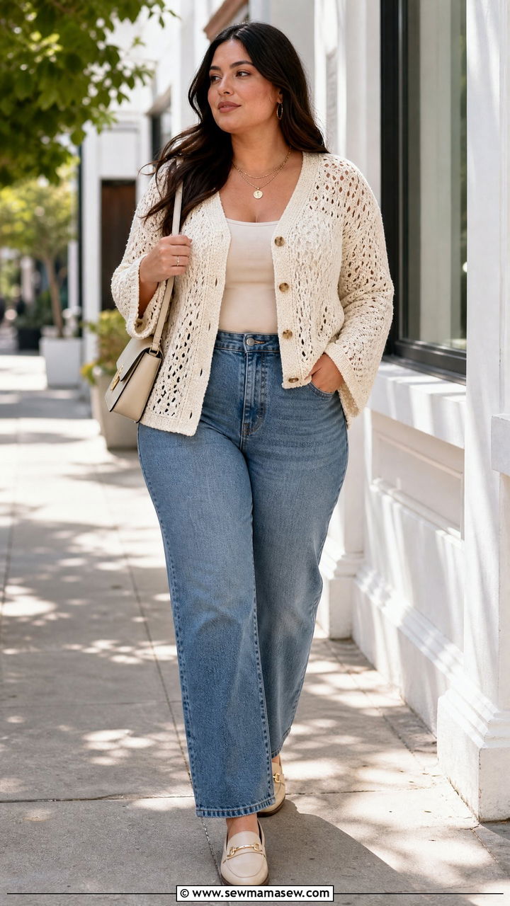Plus Size Crochet Cardigan Top With Jeans - 20 plus size crochet top outfit ideas