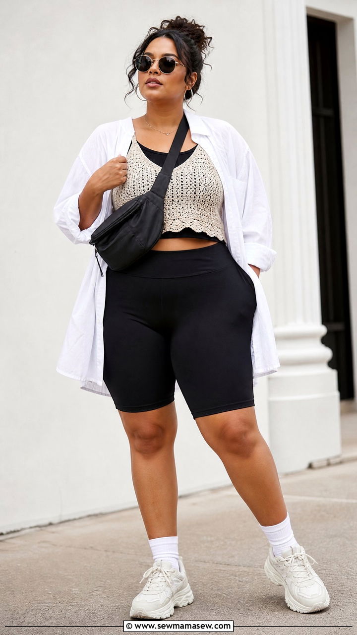 Plus Size Crochet Crop Top With Bike Shorts - 20 plus size crochet crop top outfit ideas