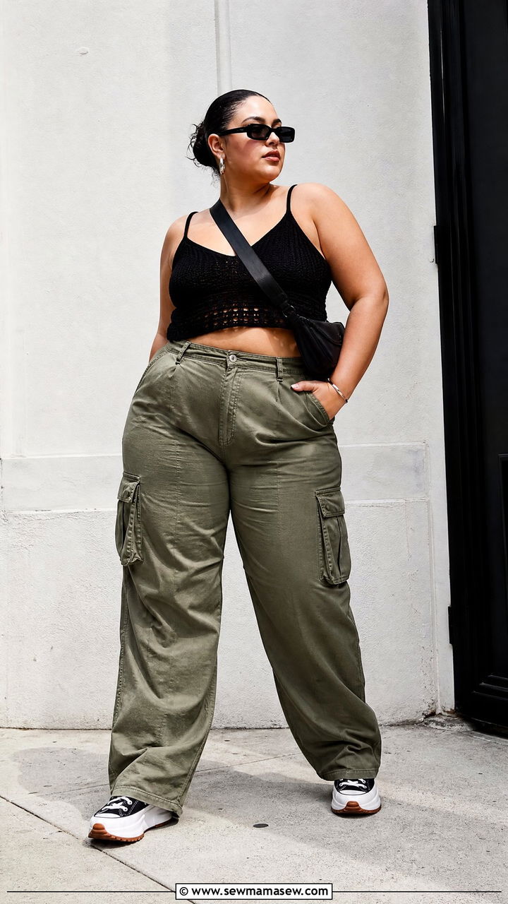 Plus Size Crochet Crop Top With Cargo Pants - 20 plus size crochet crop top outfit ideas