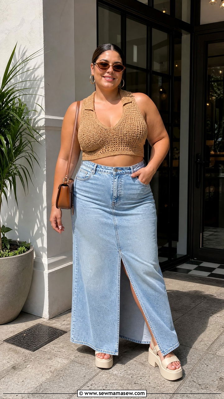 Plus Size Crochet Crop Top With Denim Maxi Skirt - 20 plus size crochet crop top outfit ideas