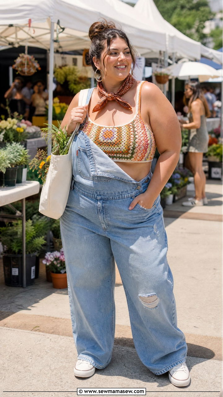 Plus Size Crochet Crop Top With Overalls - 20 plus size crochet crop top outfit ideas