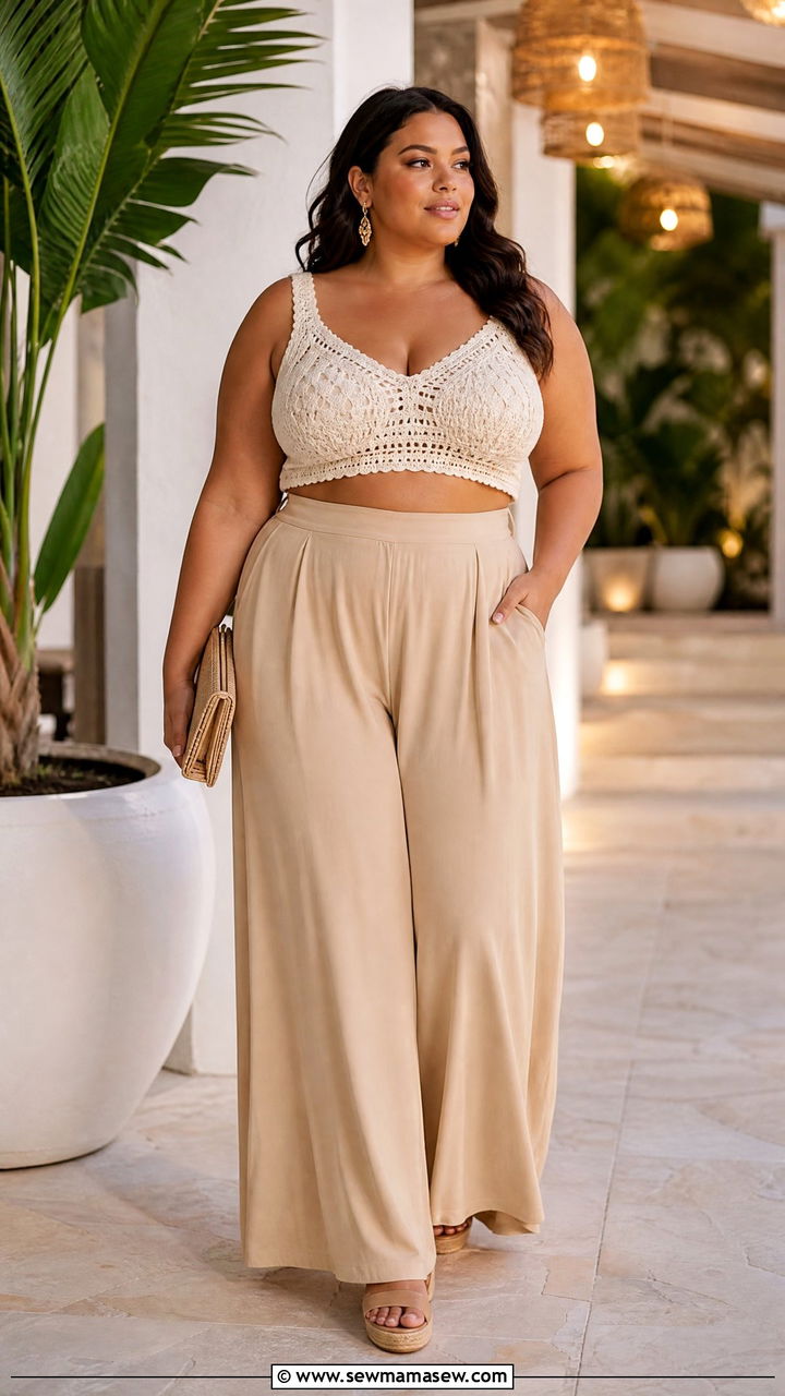 Plus Size Crochet Crop Top With Palazzo Pants - 20 plus size crochet crop top outfit ideas