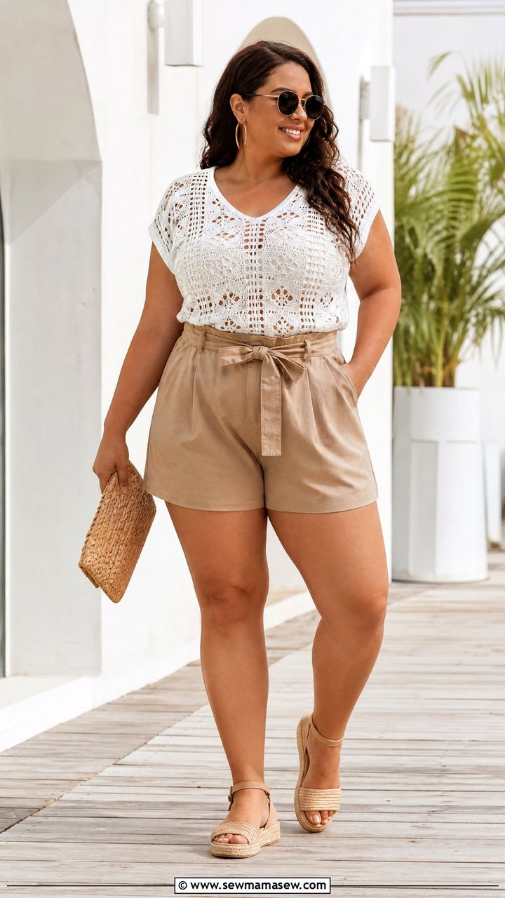 Plus Size Crochet Crop Top With Paperbag Shorts - 20 plus size crochet crop top outfit ideas