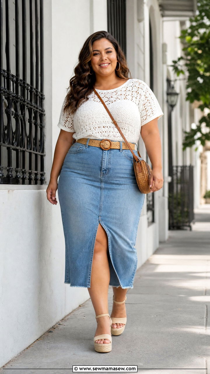 Plus Size Crochet Top With Denim Skirt - 20 plus size crochet top outfit ideas