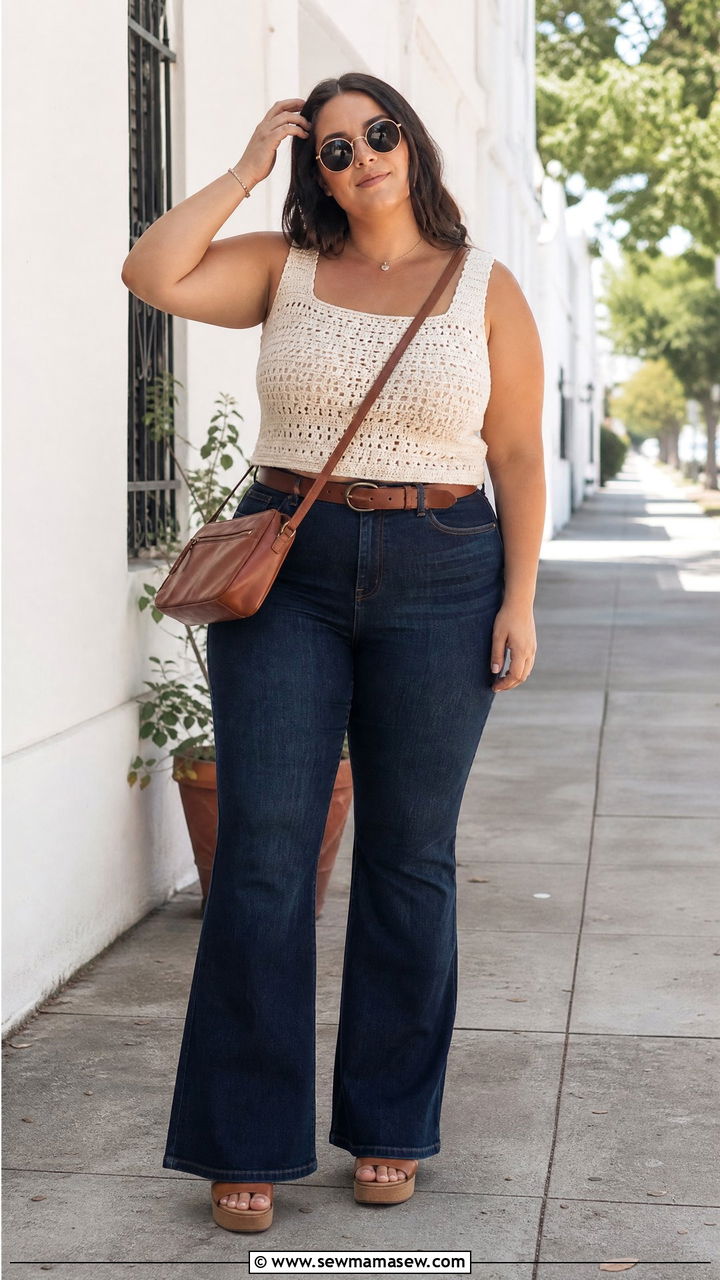 Plus Size Crochet Top With Flare Jeans - 20 plus size crochet top outfit ideas