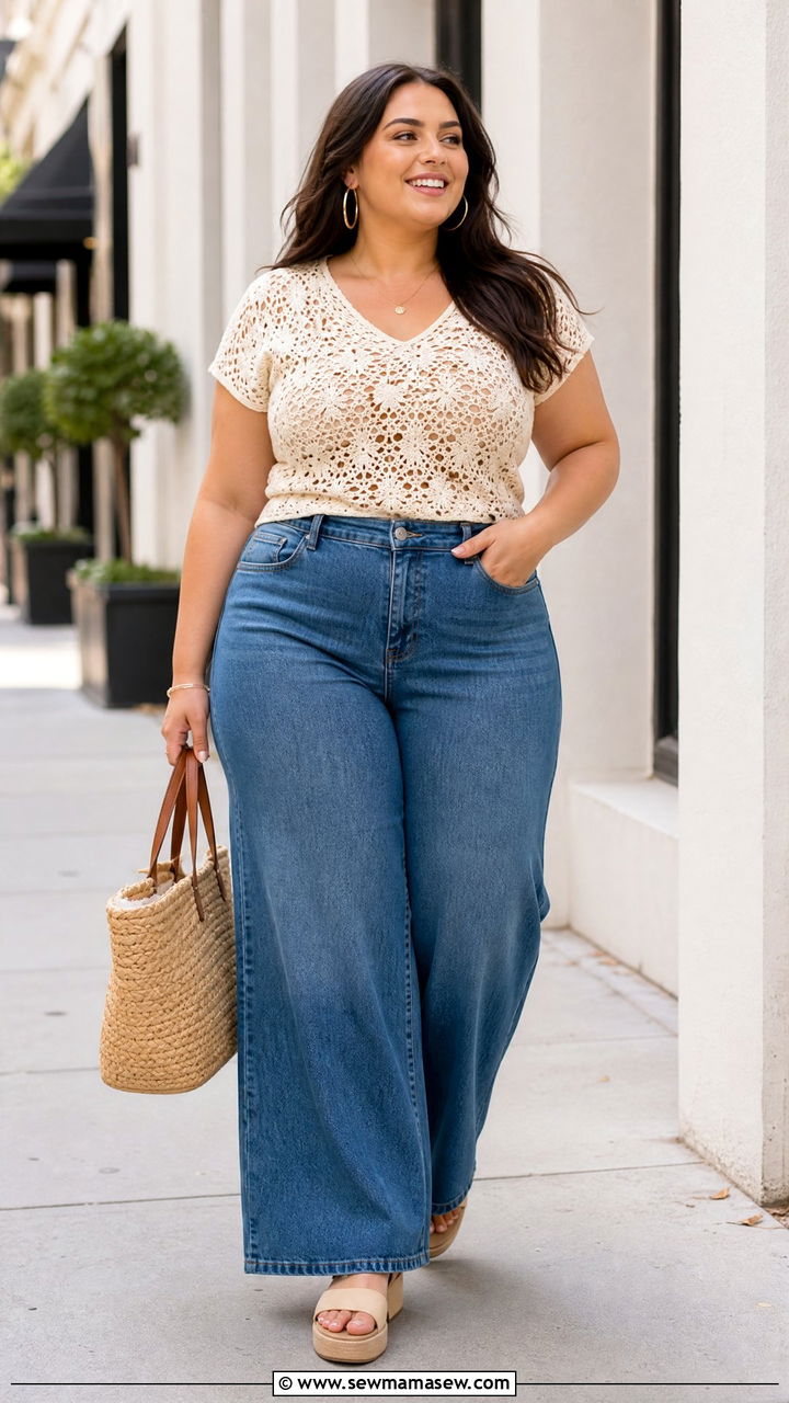 Plus Size Crochet Top With Wide Leg Jeans - 20 plus size crochet top outfit ideas