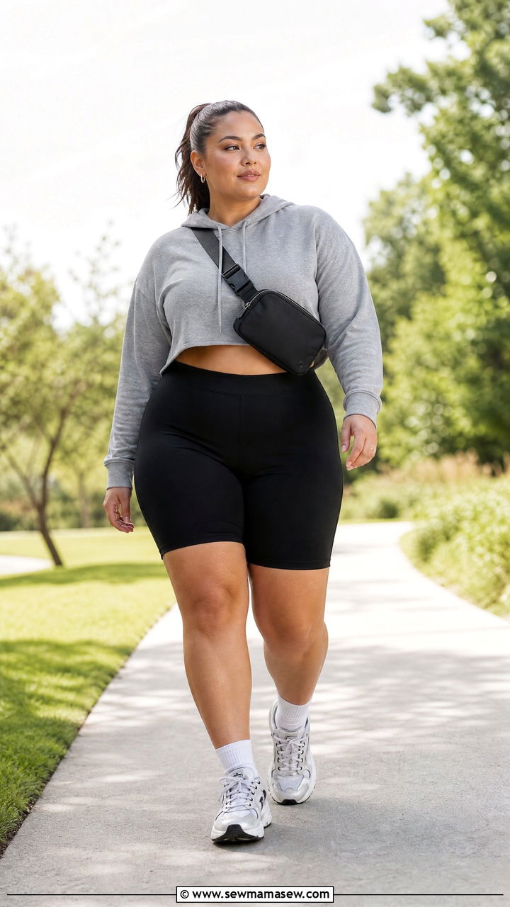 Plus Size Crop Hoodie With Biker Shorts - 20 plus size casual crop top outfit ideas