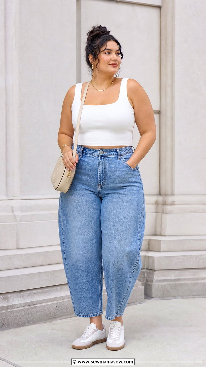 Plus Size Crop Tank Top And High Waisted Barrel Jeans Outfit - 20 plus size crop top and high waisted jeans outfit ideas