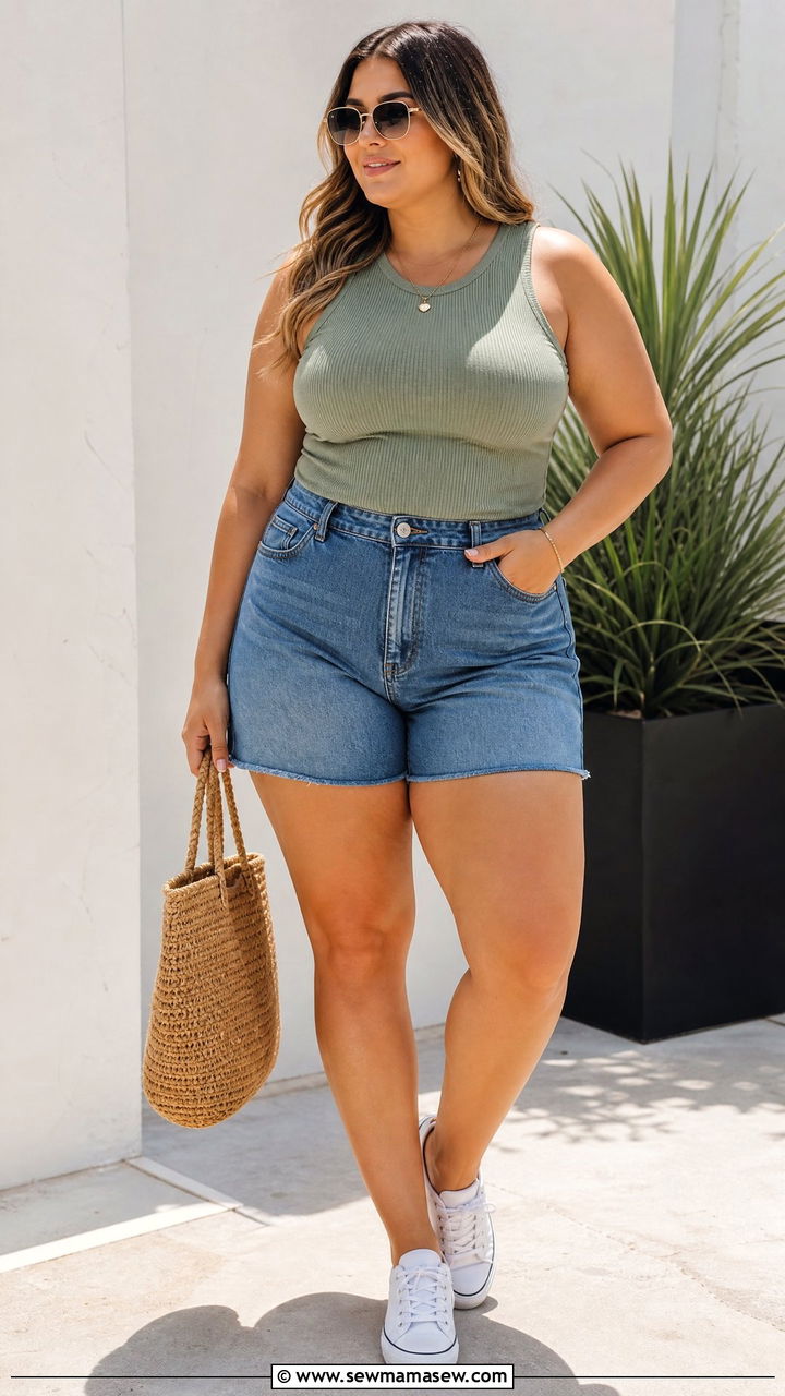 Plus Size Crop Tank Top With Denim Shorts - 20 plus size casual crop top outfit ideas