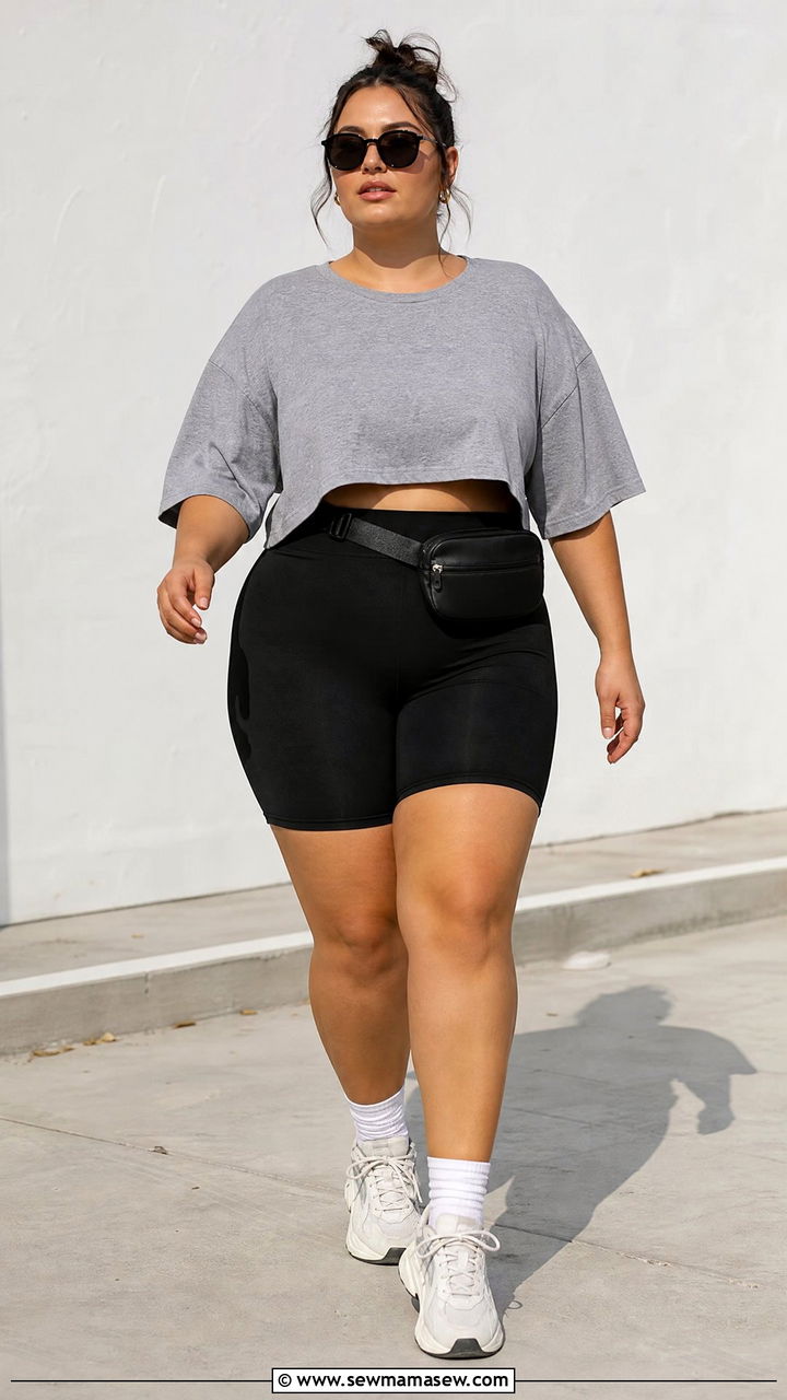 Plus Size Crop Top With Bike Shorts - 20 plus size summer crop top outfit ideas