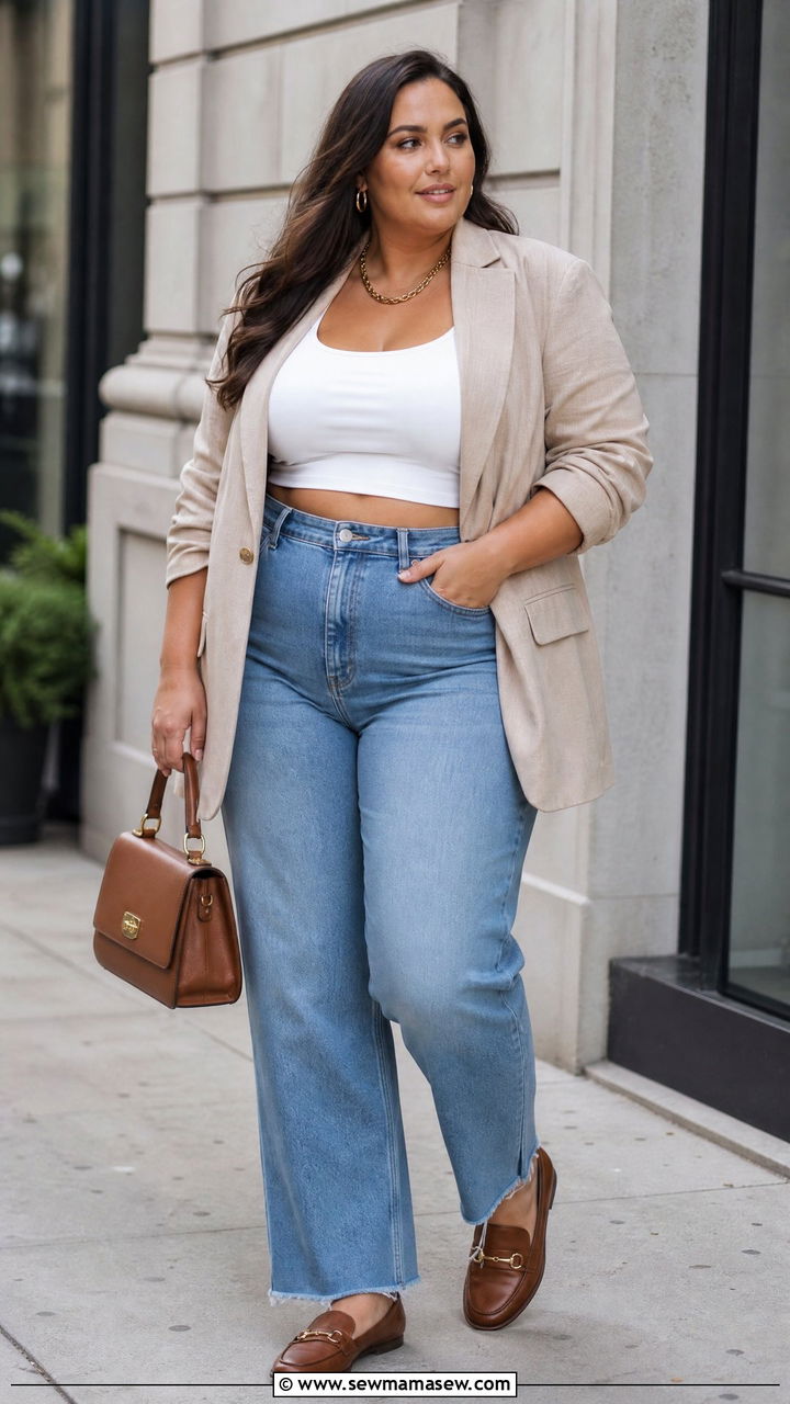 Plus Size Crop Top With Blazer And Jeans - 20 plus size crop top outfit ideas