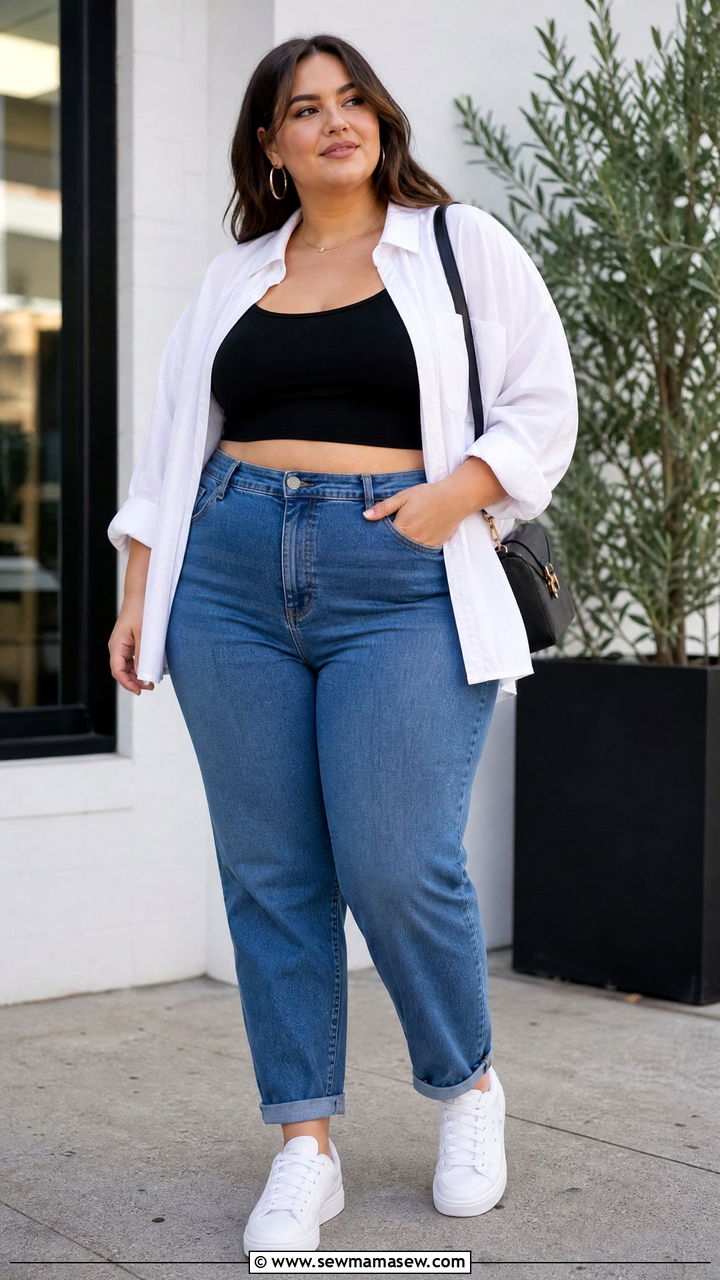 Plus Size Crop Top With Button Down Shirt - 20 plus size crop top outfit ideas