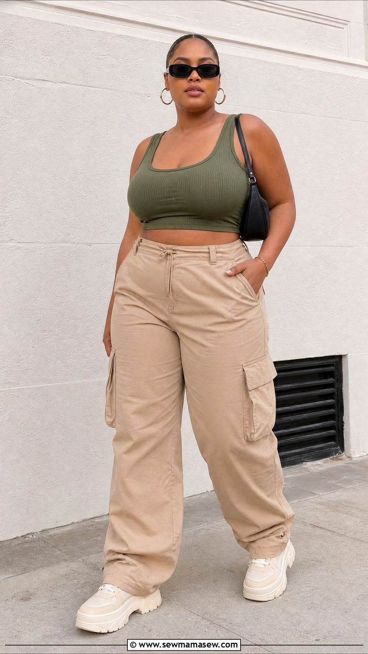 Plus Size Crop Top With Cargo Pants - 20 plus size summer crop top outfit ideas