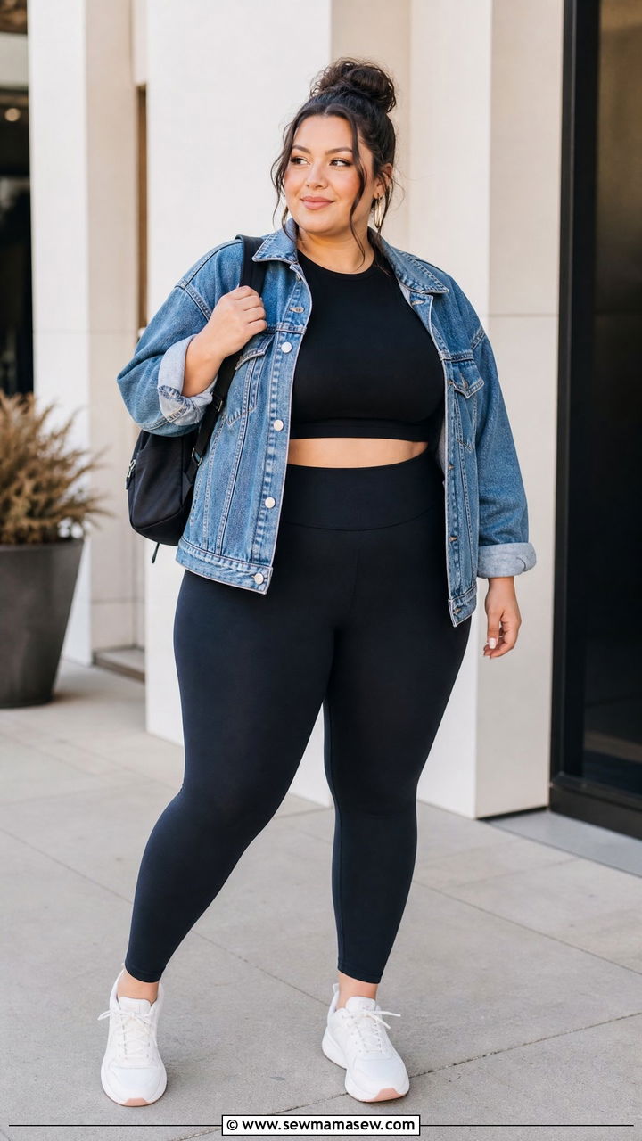 Plus Size Crop Top With Denim Jacket And Leggings - 20 plus size casual crop top outfit ideas