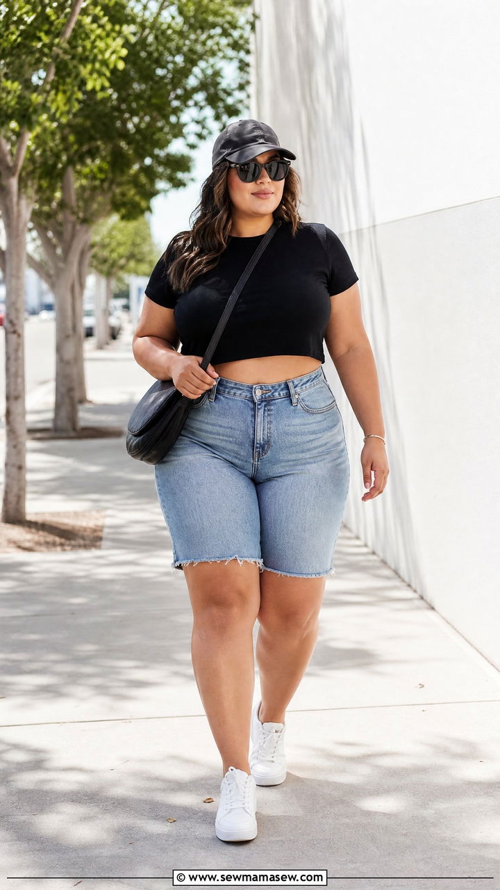 Plus Size Crop Top With Denim Shorts - 20 plus size summer crop top outfit ideas