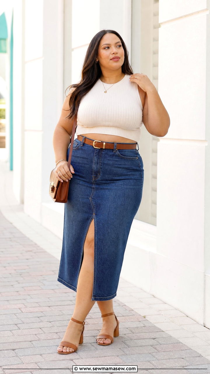 Plus Size Crop Top With Denim Skirt - 20 plus size flattering crop top outfit ideas