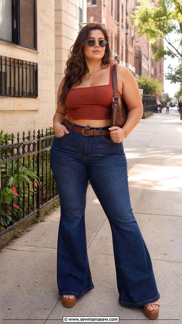 Plus Size Crop Top With Flare Jeans - 20 plus size flattering crop top outfit ideas