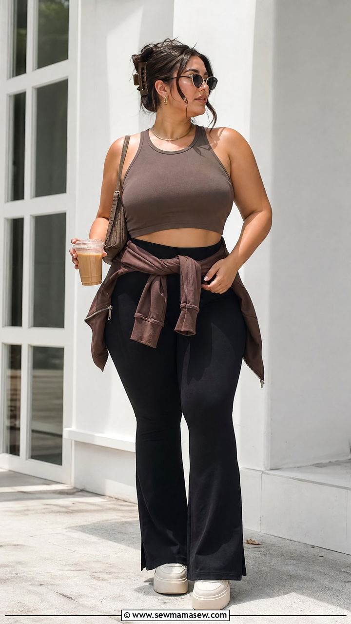 Plus Size Crop Top With Flare Leggings - 20 plus size casual crop top outfit ideas