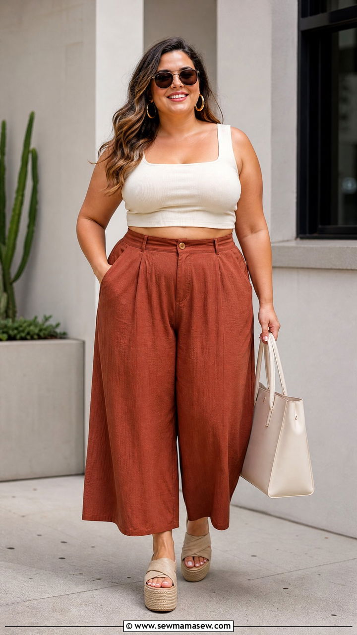 Plus Size Crop Top With Flowy Culottes - 20 plus size summer crop top outfit ideas