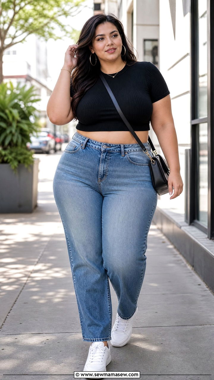 Plus Size Crop Top With High Waisted Jeans - 20 plus size crop top outfit ideas