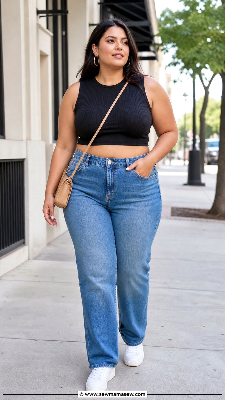 Plus Size Crop Top With High Waisted Jeans - 20 plus size flattering crop top outfit ideas
