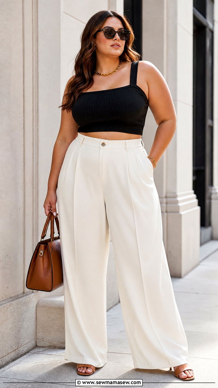 Plus Size Crop Top With High Waisted Trousers - 20 plus size summer crop top outfit ideas