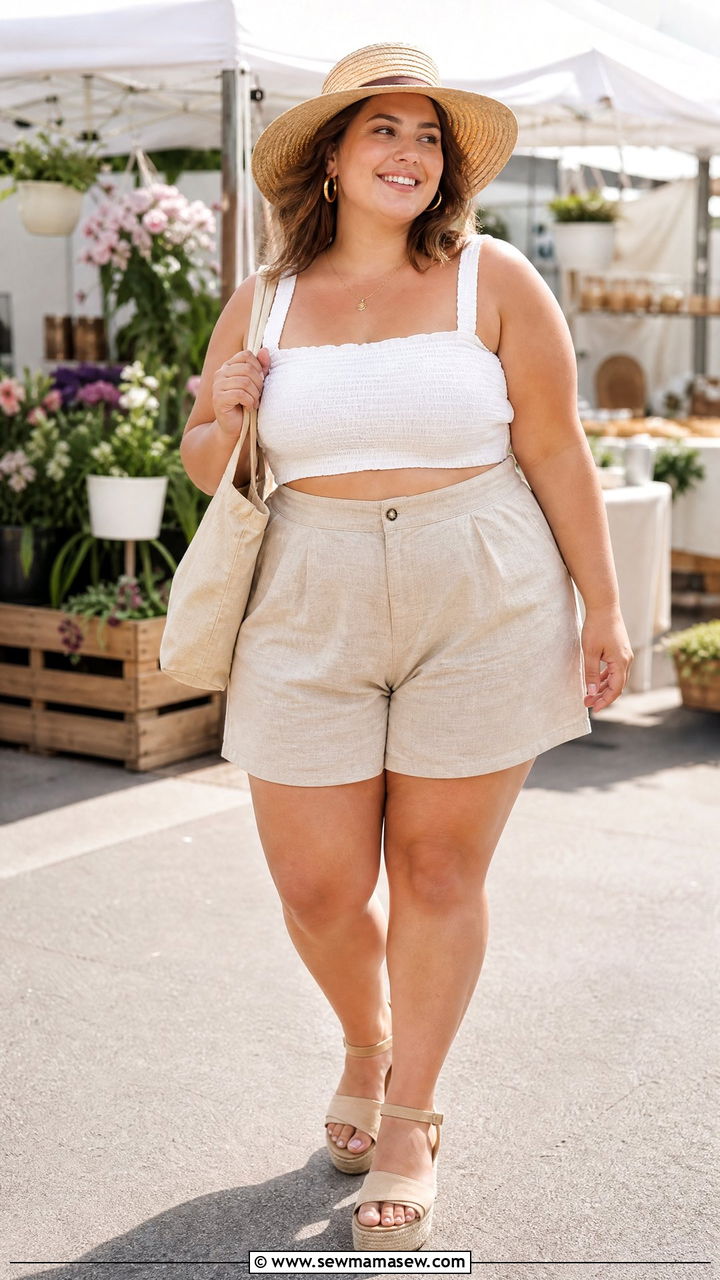 Plus Size Crop Top With Linen Shorts - 20 summer crop top outfit ideas plus size